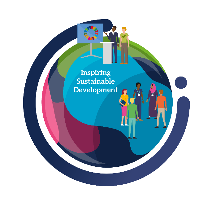 Illustrative design of diverse individuals engaging around a presentation stand, encapsulated within a circular motif with the phrase 'Inspiring Sustainable Development', suggesting a focus on inclusivity and progress in sustainability.